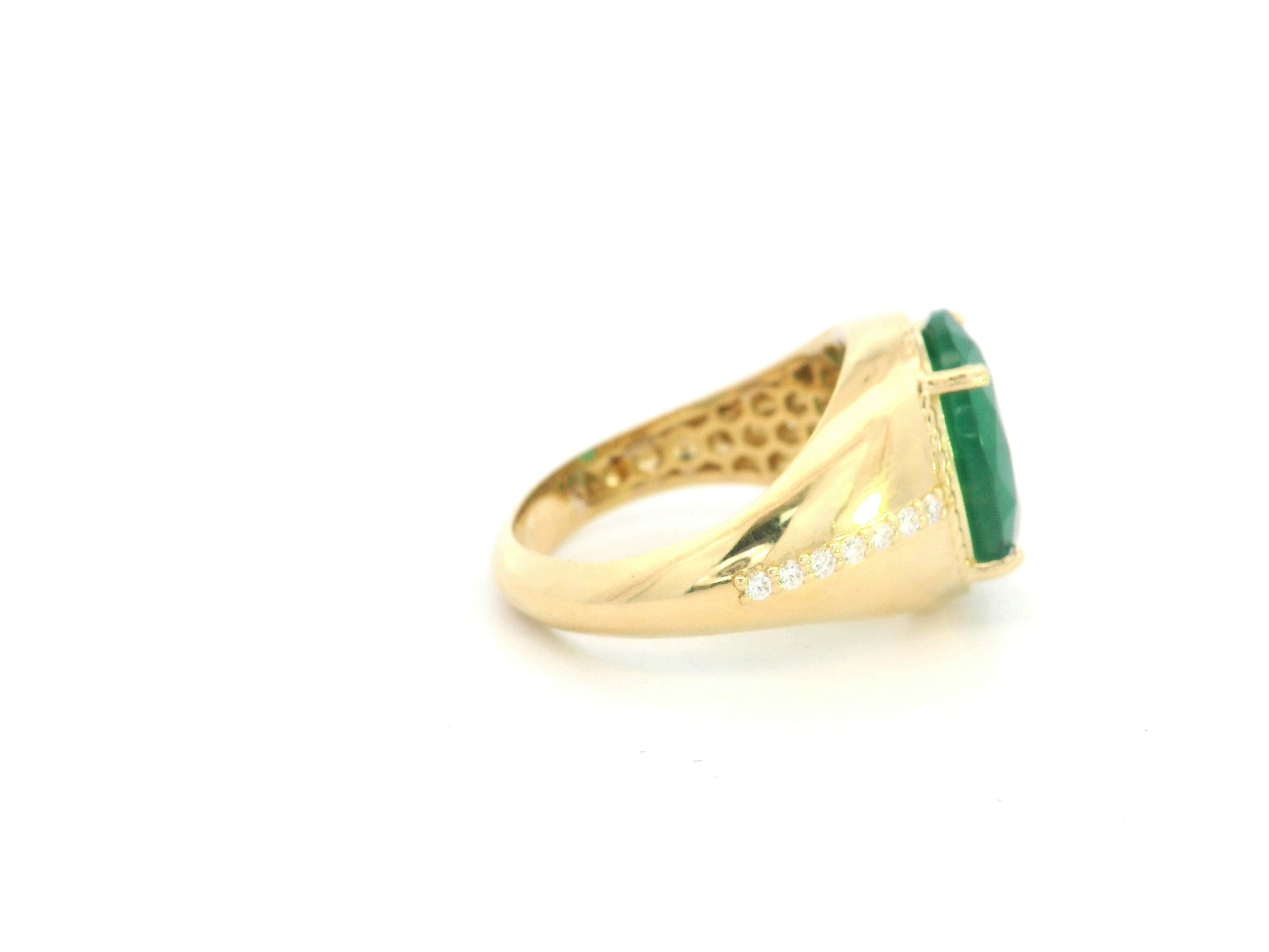 18K Yellow Gold Natural Oval Emerald Ring featuring a 5.59 Carat Emerald with 0.20 Carat Natural Diamond Accents