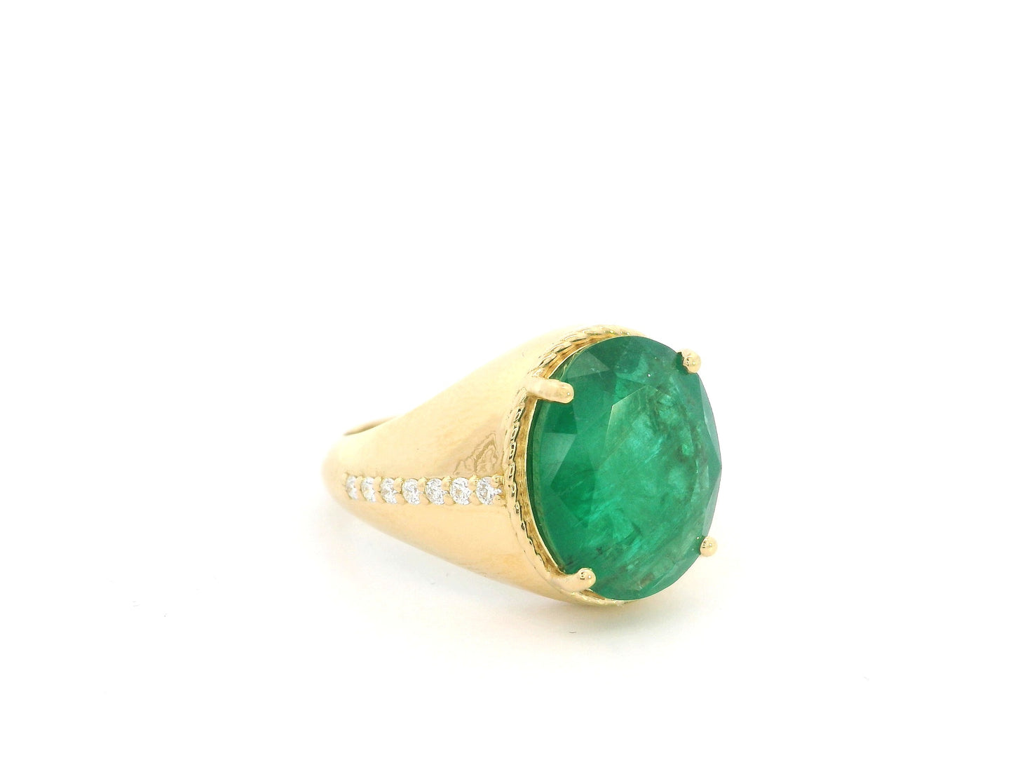 18K Yellow Gold Natural Oval Emerald Ring featuring a 5.59 Carat Emerald with 0.20 Carat Natural Diamond Accents