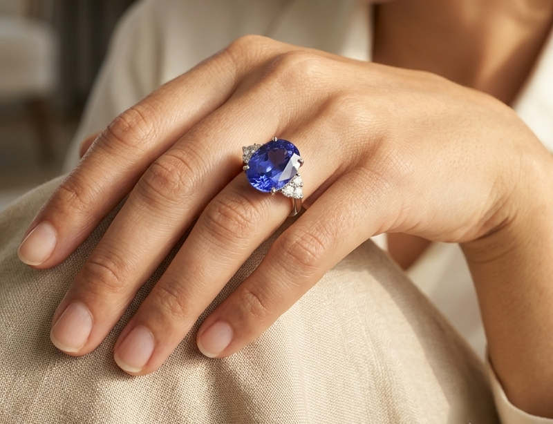 Natural 14.12 carat oval tanzanite and diamond ring in 18K white gold with natural diamond shoulders.