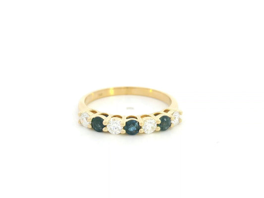 18K yellow gold half eternity ring featuring alternating natural blue sapphires and natural diamonds in a classic prong setting.