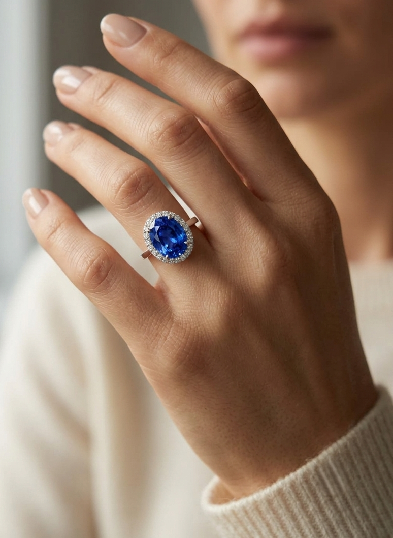 18K white gold halo ring featuring a 4.95 carat oval tanzanite surrounded by 0.37 carat natural diamonds.