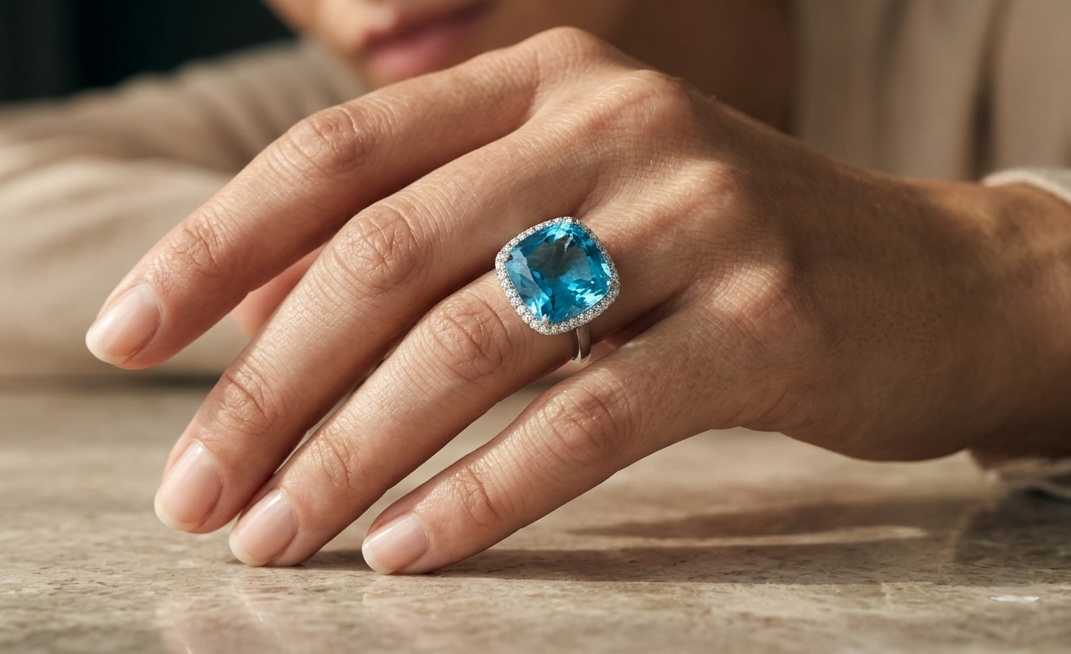 18K white gold cushion cut blue topaz halo ring featuring an 18.55 carat natural blue topaz surrounded by 0.37 carat natural diamonds.