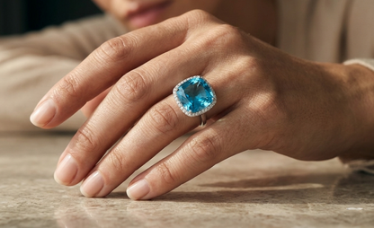 18K white gold cushion cut blue topaz halo ring featuring an 18.55 carat natural blue topaz surrounded by 0.37 carat natural diamonds.