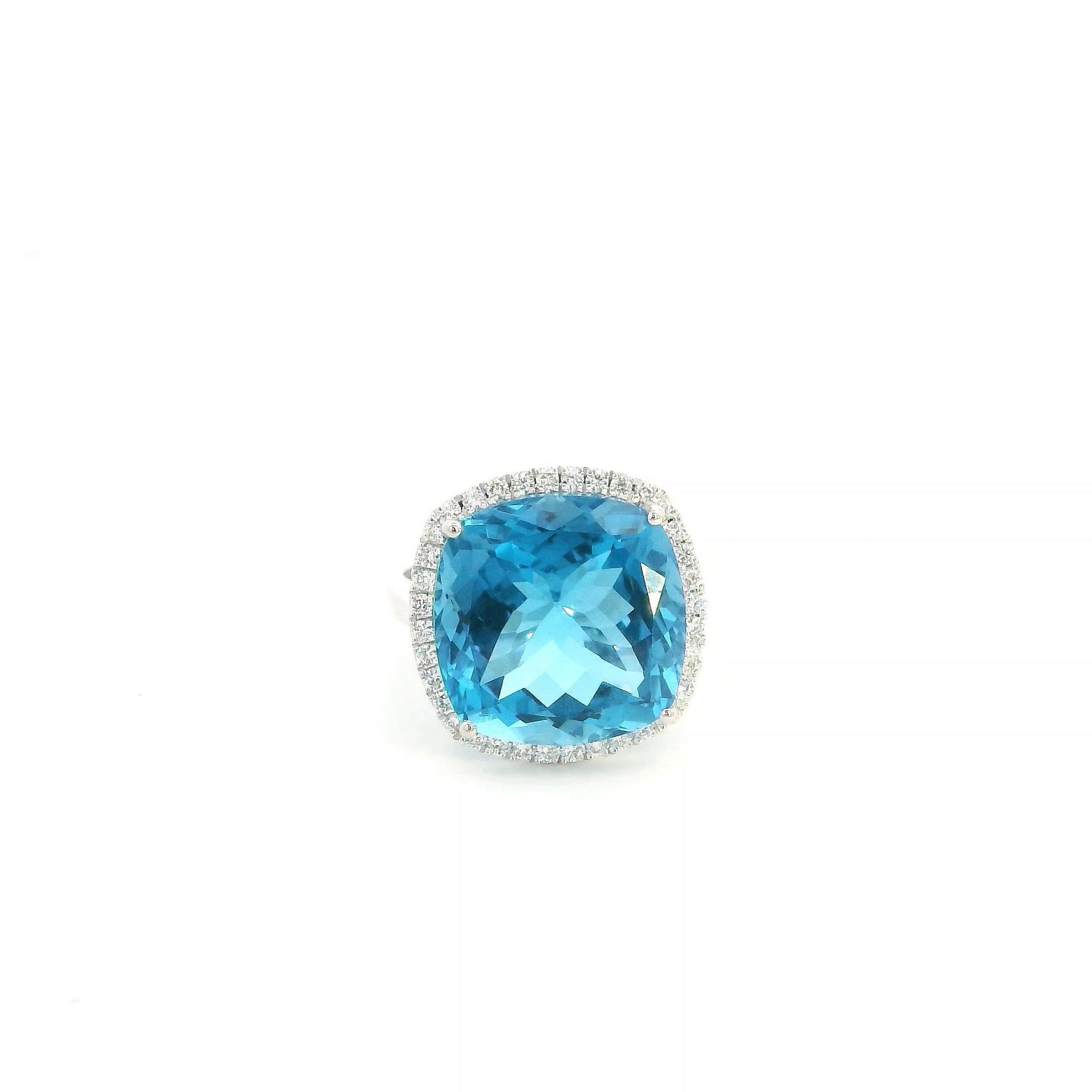 18K white gold cushion cut blue topaz halo ring featuring an 18.55 carat natural blue topaz surrounded by 0.37 carat natural diamonds.