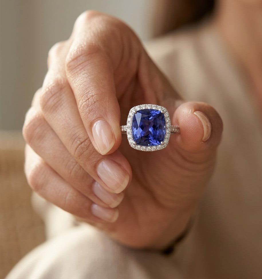 18K white gold cushion cut tanzanite halo ring featuring an 8.95 carat natural tanzanite surrounded by 0.69 carat natural diamonds with diamond-set shoulders.