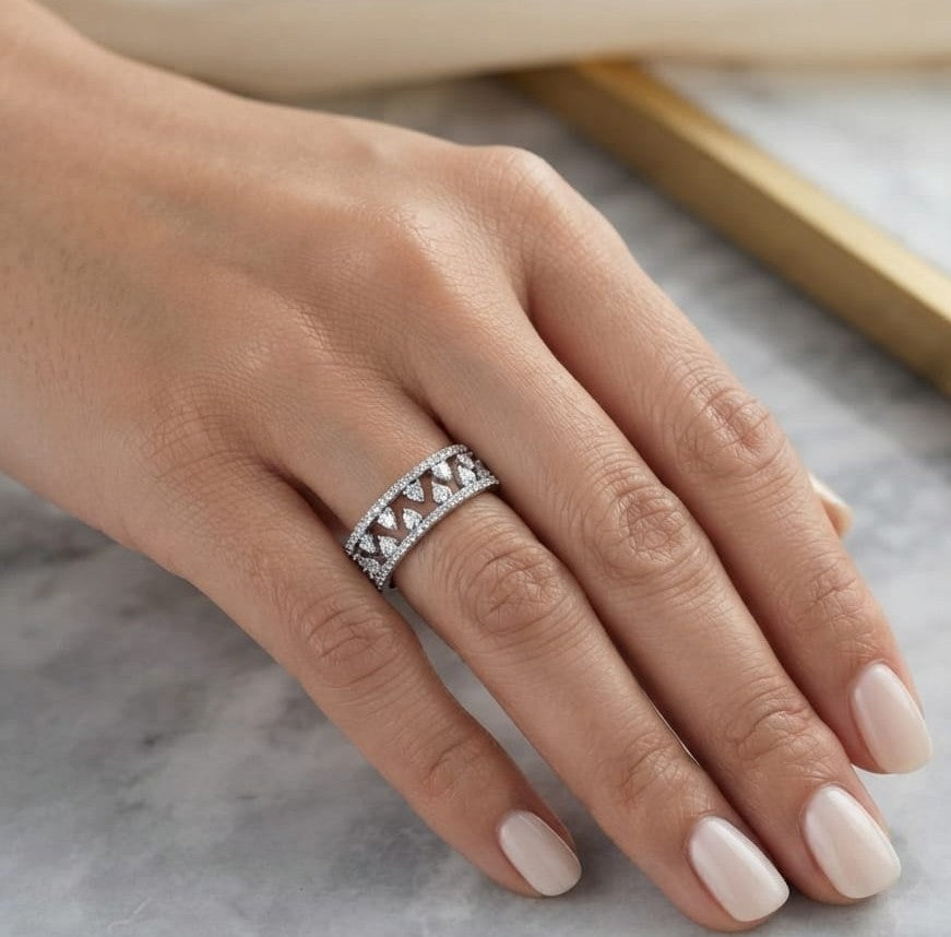 18K white gold natural diamond openwork ring featuring 0.68 carat round brilliant diamonds in a layered floating design with pavé diamond accents.