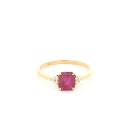 18K yellow gold emerald cut ruby ring featuring a 0.97 Carat natural ruby with sparkling natural diamond side accents.