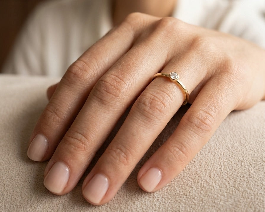 18K yellow gold bezel set diamond ring featuring a 0.07 carat natural round brilliant diamond in a minimalist solitaire design.
