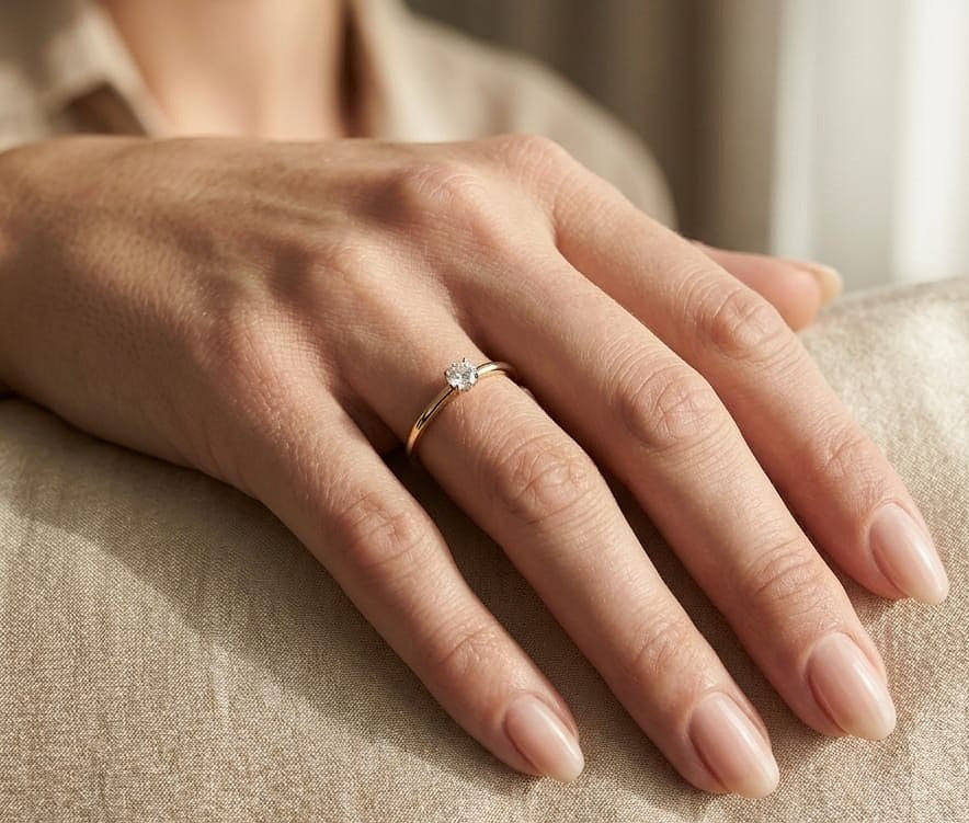 18K Yellow Gold Diamond Solitaire Ring featuring a 0.16 carat natural round brilliant diamond in a classic four-prong setting, minimalist dainty engagement ring.