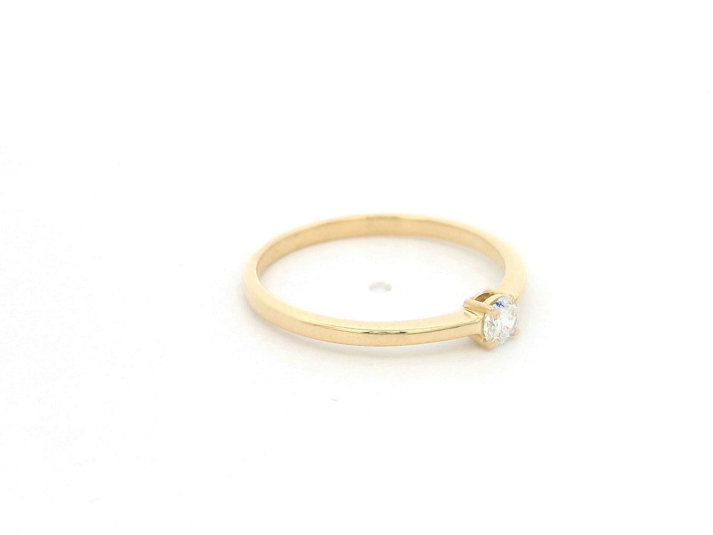 18K Yellow Gold Diamond Solitaire Ring featuring a 0.16 carat natural round brilliant diamond in a classic four-prong setting, minimalist dainty engagement ring.