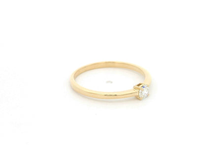18K Yellow Gold Diamond Solitaire Ring featuring a 0.16 carat natural round brilliant diamond in a classic four-prong setting, minimalist dainty engagement ring.