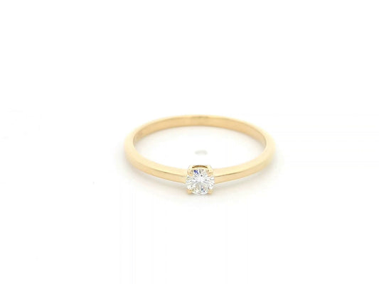 18K Yellow Gold Diamond Solitaire Ring featuring a 0.16 carat natural round brilliant diamond in a classic four-prong setting, minimalist dainty engagement ring.