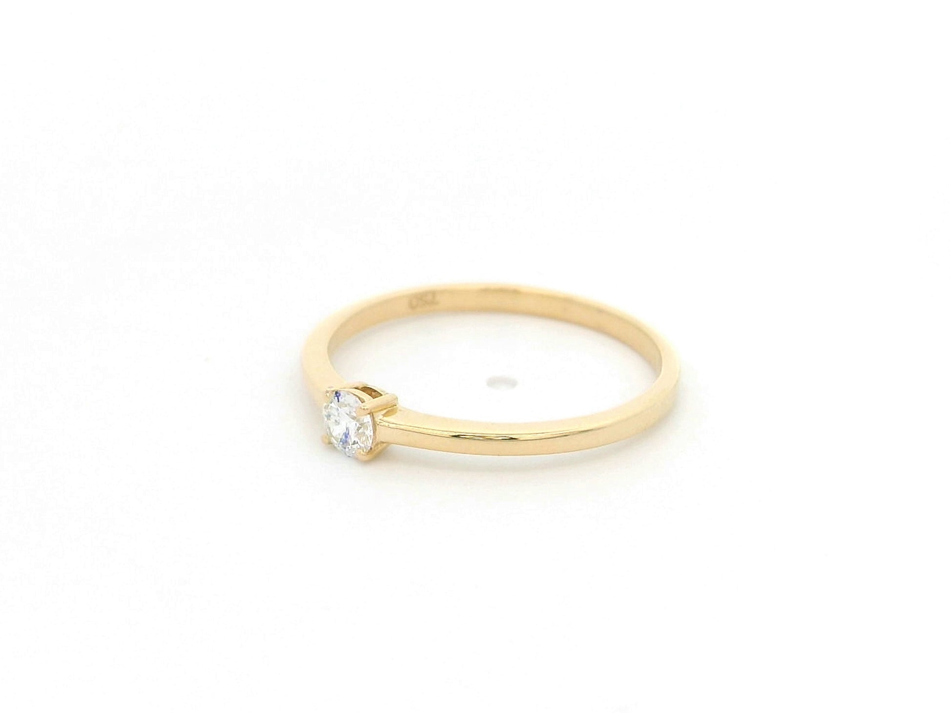 18K Yellow Gold Diamond Solitaire Ring featuring a 0.16 carat natural round brilliant diamond in a classic four-prong setting, minimalist dainty engagement ring.