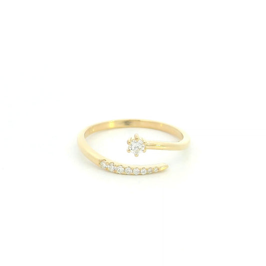 18K yellow gold open diamond ring featuring a round brilliant diamond with a curved row of natural diamonds in a minimalist wrap design.