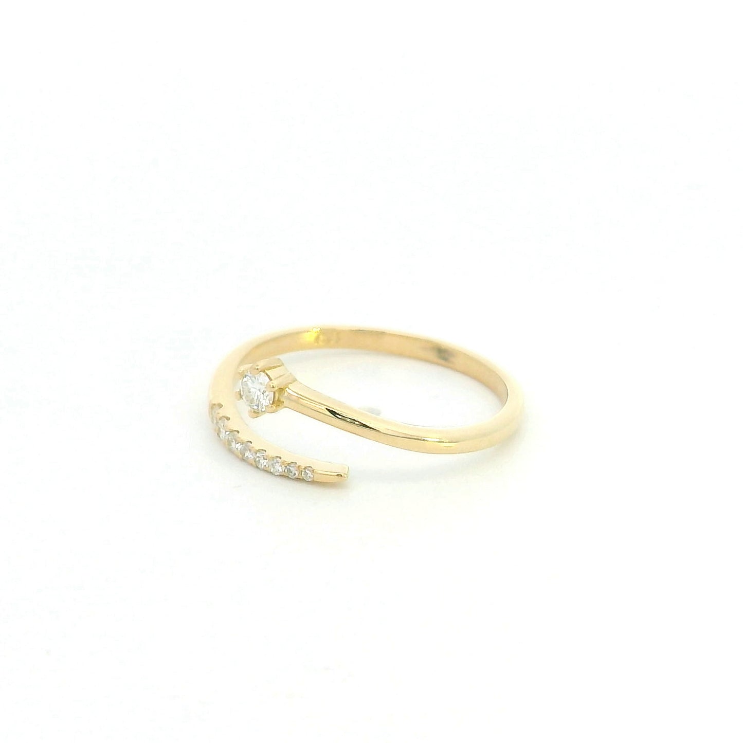 18K yellow gold open diamond ring featuring a round brilliant diamond with a curved row of natural diamonds in a minimalist wrap design.