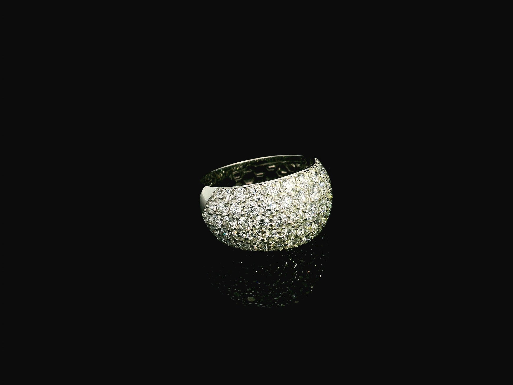 18K white gold wide dome ring featuring 3.21 carats of natural pavé-set diamonds with polished white gold shoulders.