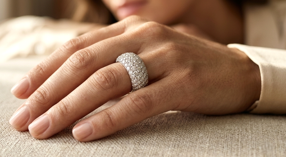 18K white gold wide dome ring featuring 3.21 carats of natural pavé-set diamonds with polished white gold shoulders.