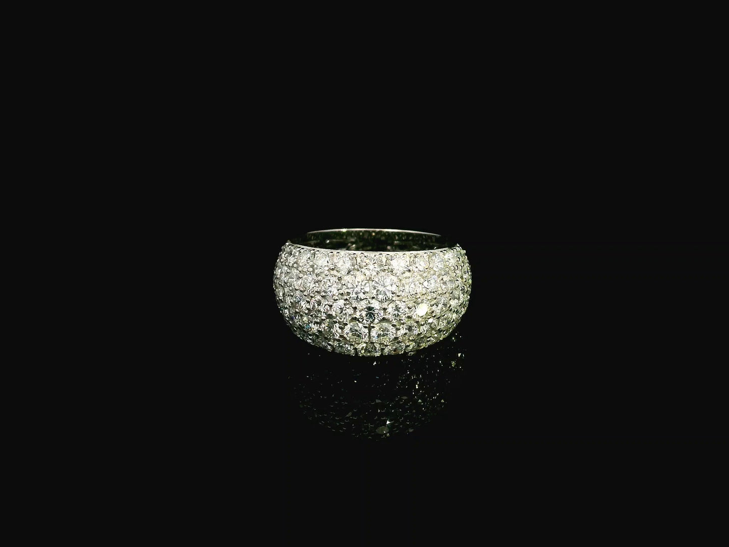 18K white gold wide dome ring featuring 3.21 carats of natural pavé-set diamonds with polished white gold shoulders.