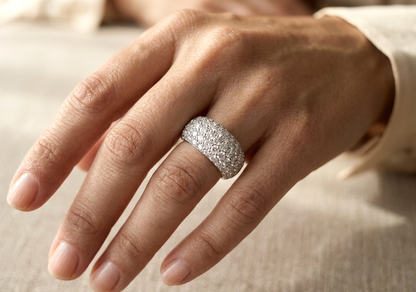 18K white gold wide dome ring featuring 3.21 carats of natural pavé-set diamonds with polished white gold shoulders.