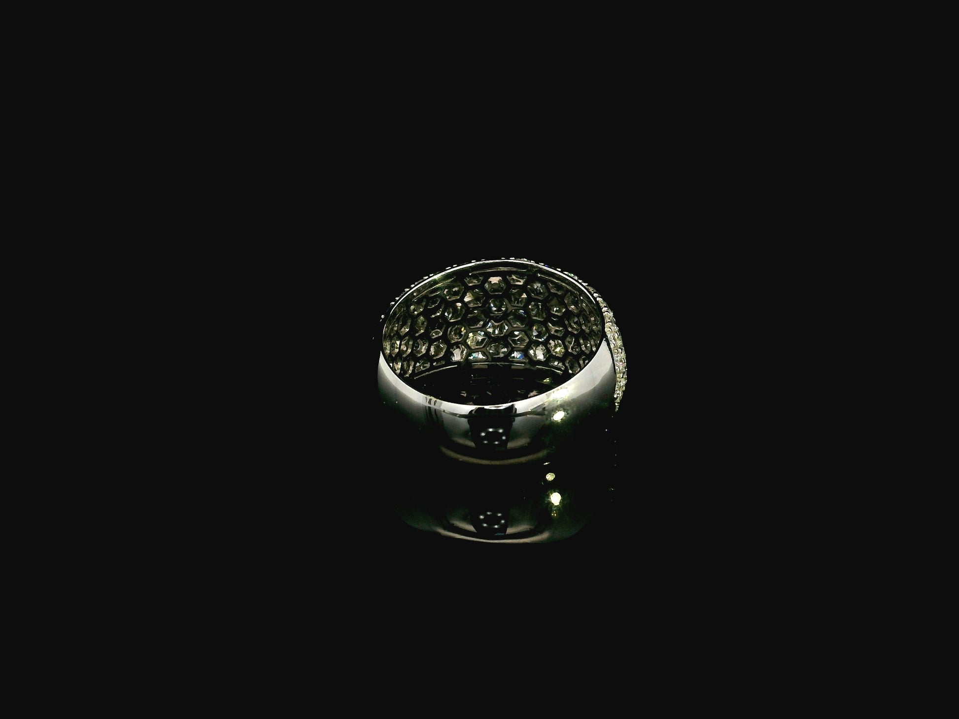 18K white gold wide dome ring featuring 3.21 carats of natural pavé-set diamonds with polished white gold shoulders.