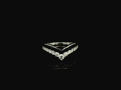 18K white gold graduated chevron diamond ring featuring 0.57 carats of natural diamonds in a V-shaped contour design, perfect as a wedding band, stack ring, or engagement ring enhancer.