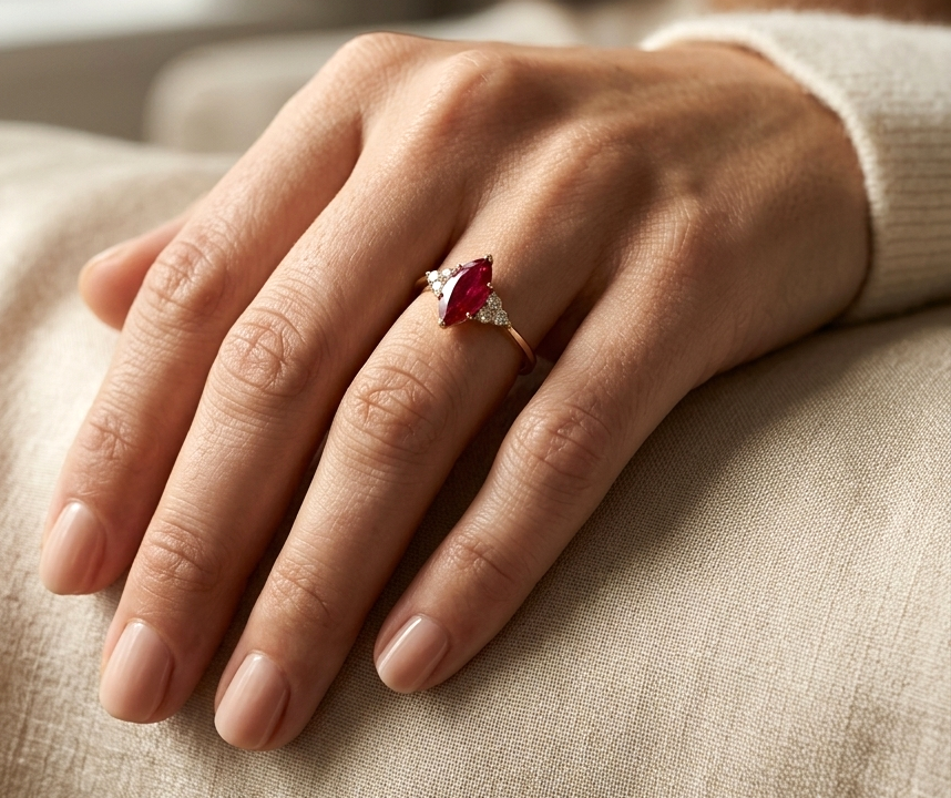 Natural 1.03 carat marquise ruby and diamond ring in solid 18K yellow gold with 0.21 carat natural diamond accents by Emirates Diamonds.