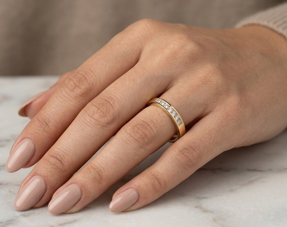 18K yellow gold princess cut diamond ring featuring 0.20 carat natural channel set diamonds in a polished minimalist band.