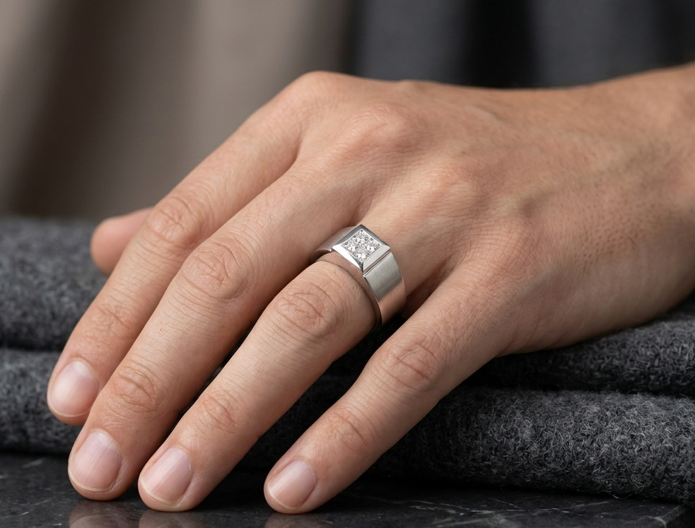 Men's 18K white gold princess cut diamond cluster ring with four natural princess diamonds