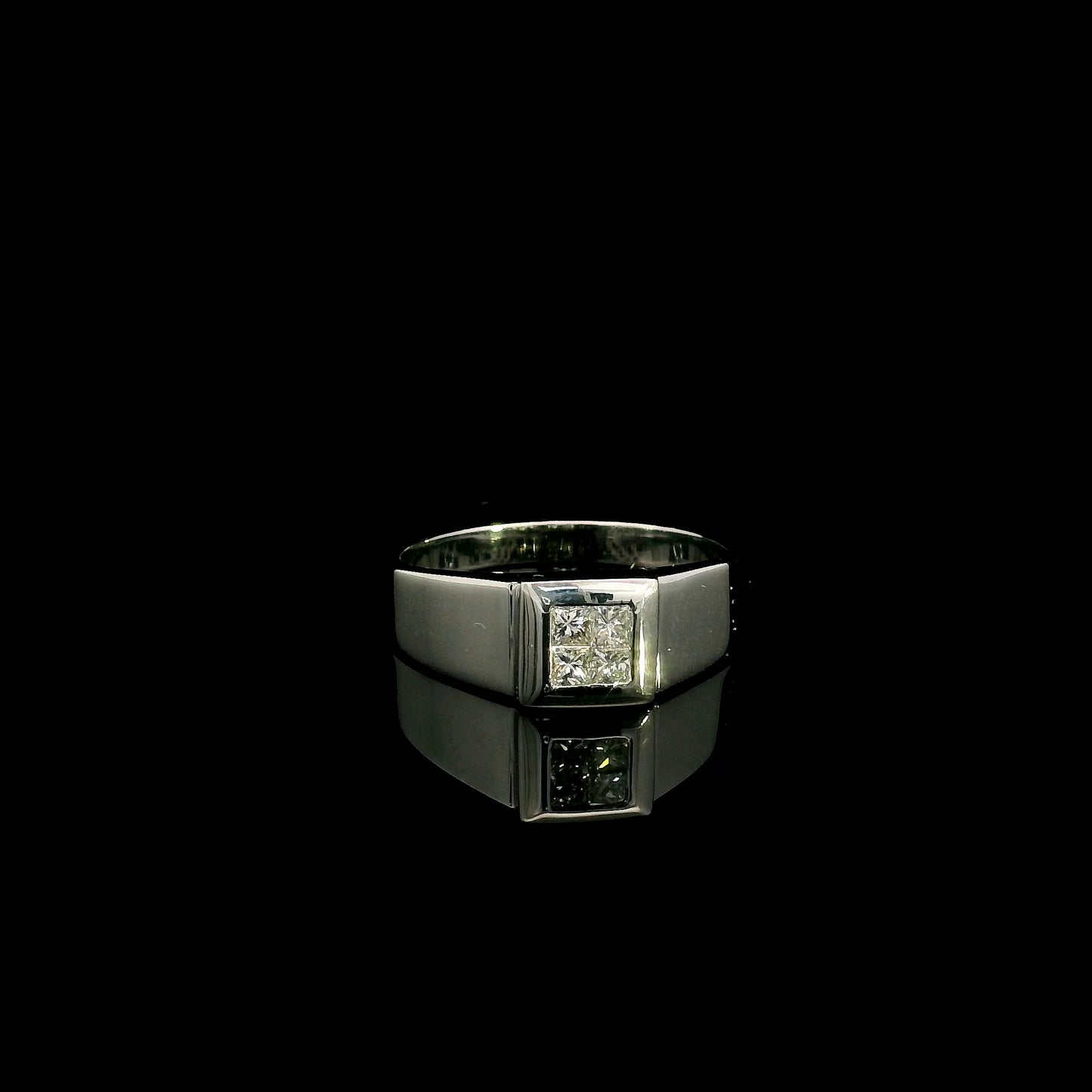 Men's 18K white gold princess cut diamond cluster ring with four natural princess diamonds
