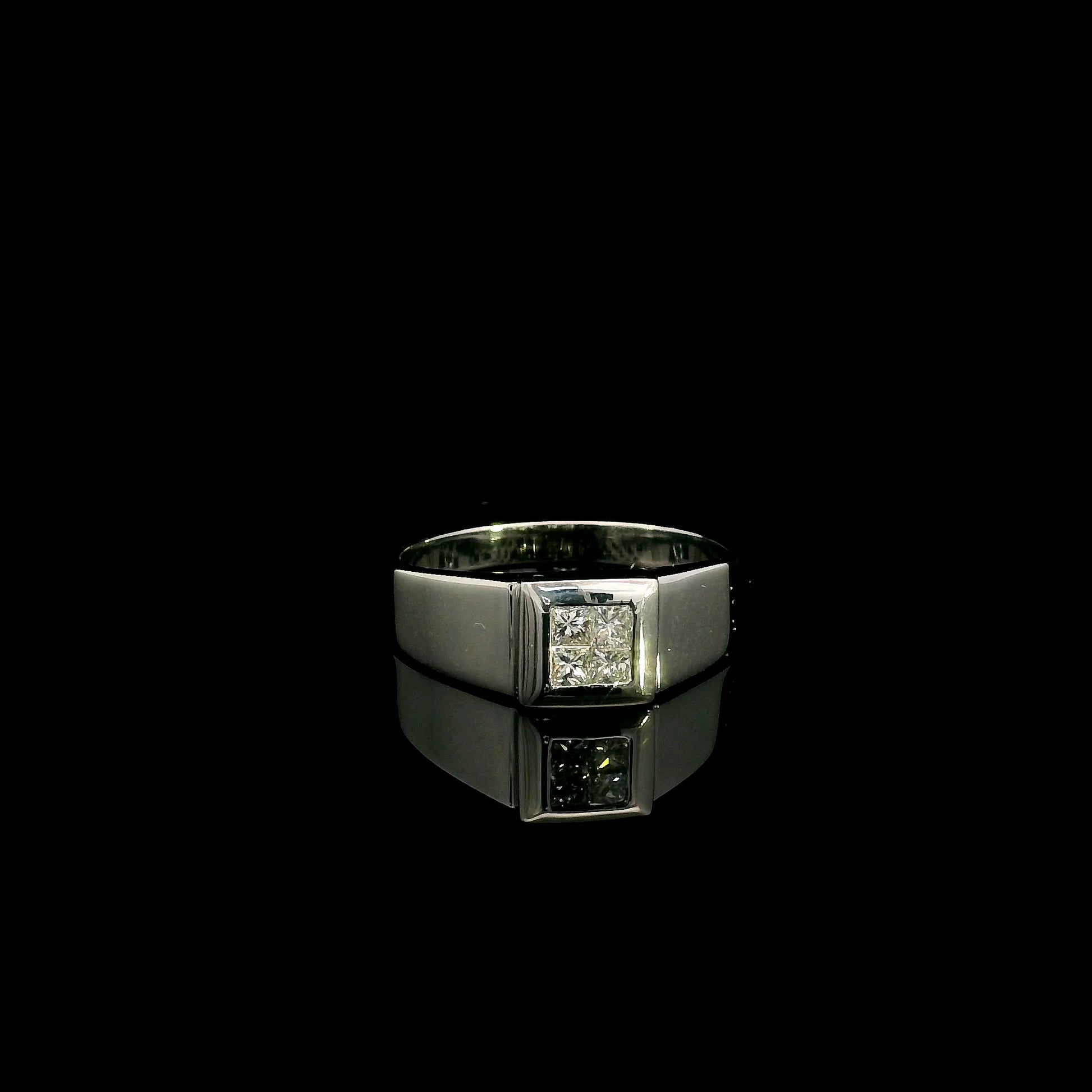 Men's 18K white gold princess cut diamond cluster ring with four natural princess diamonds