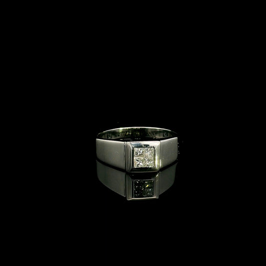 Men's 18K white gold princess cut diamond cluster ring with four natural princess diamonds