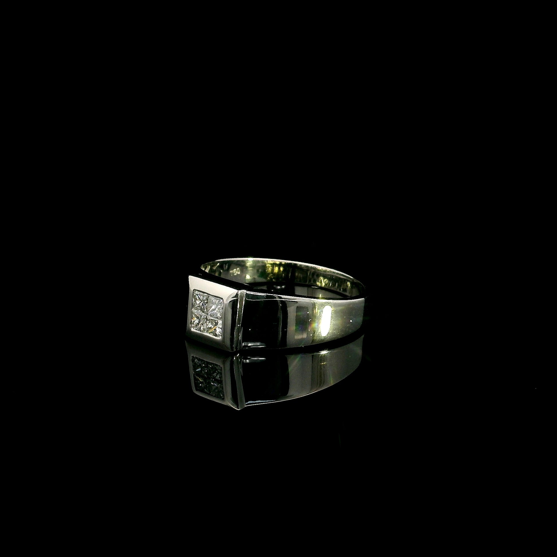 Men's 18K white gold princess cut diamond cluster ring with four natural princess diamonds