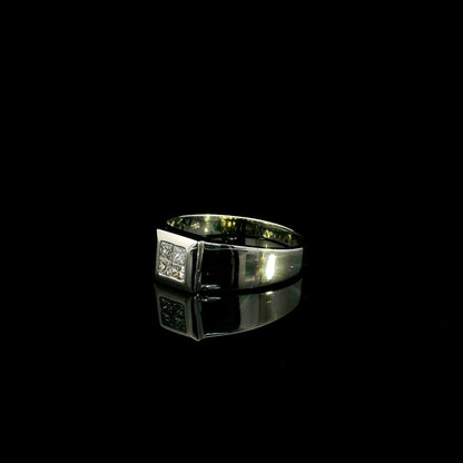 Men's 18K white gold princess cut diamond cluster ring with four natural princess diamonds