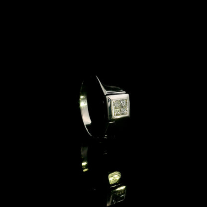 Men's 18K white gold princess cut diamond cluster ring with four natural princess diamonds