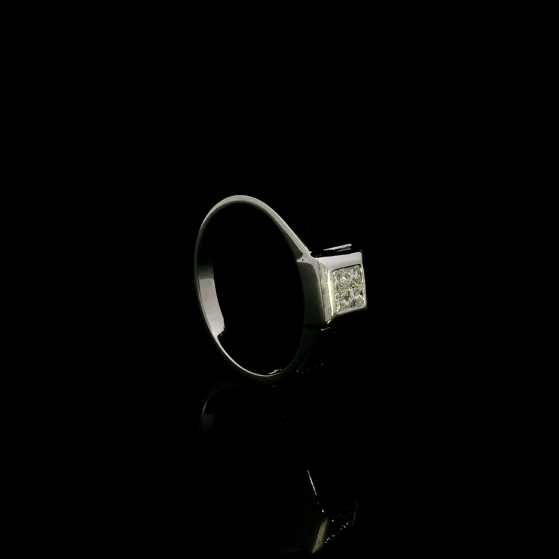 Men's 18K white gold princess cut diamond cluster ring with four natural princess diamonds