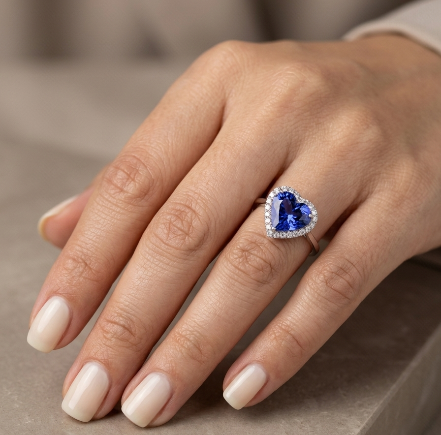 18K white gold heart tanzanite halo ring featuring a 5.89 Carat natural heart-shaped tanzanite surrounded by natural diamonds.