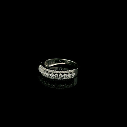 Natural three row diamond wedding band in solid 18K white gold featuring an elevated centre row of round brilliant diamonds with two pavé diamond rows, total diamond weight 0.62 carat.