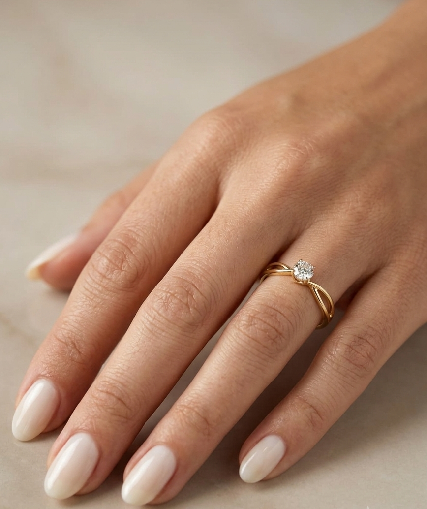 18K yellow gold twist solitaire ring featuring a 0.16 carat natural round brilliant diamond in a four-prong setting.