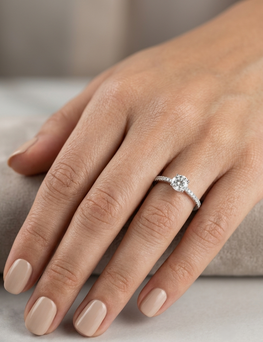 18K white gold round brilliant diamond solitaire engagement ring featuring a 0.51 carat GIA certified natural diamond with a pavé diamond band.