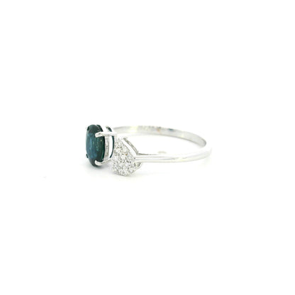 18K white gold blue sapphire diamond open ring featuring a 1.07 Carat natural oval sapphire with a pear-shaped natural diamond cluster.