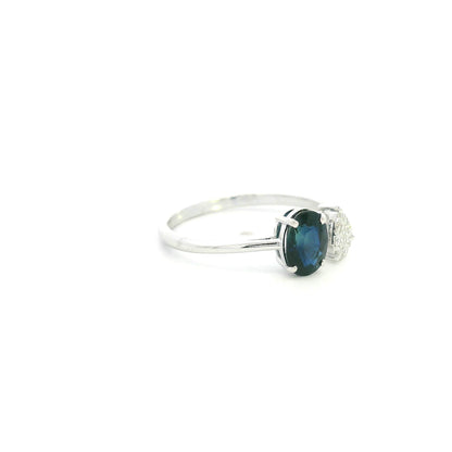 18K white gold blue sapphire diamond open ring featuring a 1.07 Carat natural oval sapphire with a pear-shaped natural diamond cluster.