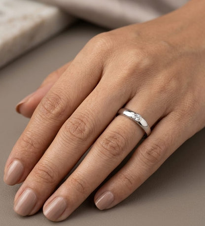 18K white gold bezel set solitaire diamond ring featuring a 0.11 carat natural round brilliant diamond with a smooth polished band.