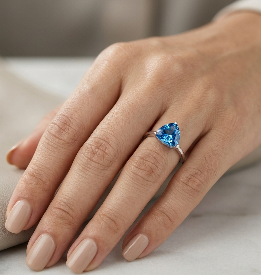 18K white gold solitaire ring featuring a 4.57 carat natural trillion-cut blue topaz in a contemporary three-prong setting.