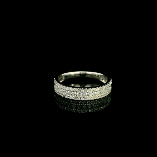 Multi row natural diamond band ring in 18K white gold with round brilliant diamonds and pavé detailing