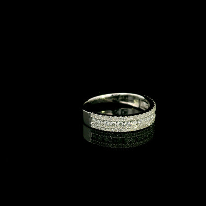 Multi row natural diamond band ring in 18K white gold with round brilliant diamonds and pavé detailing