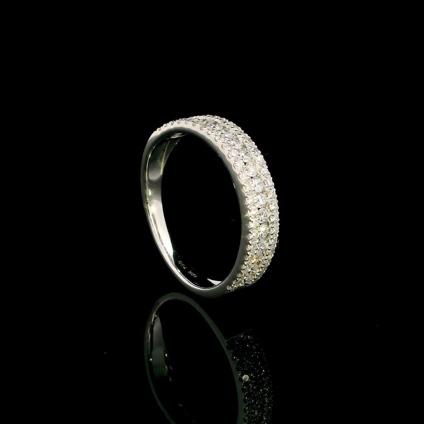 Multi row natural diamond band ring in 18K white gold with round brilliant diamonds and pavé detailing