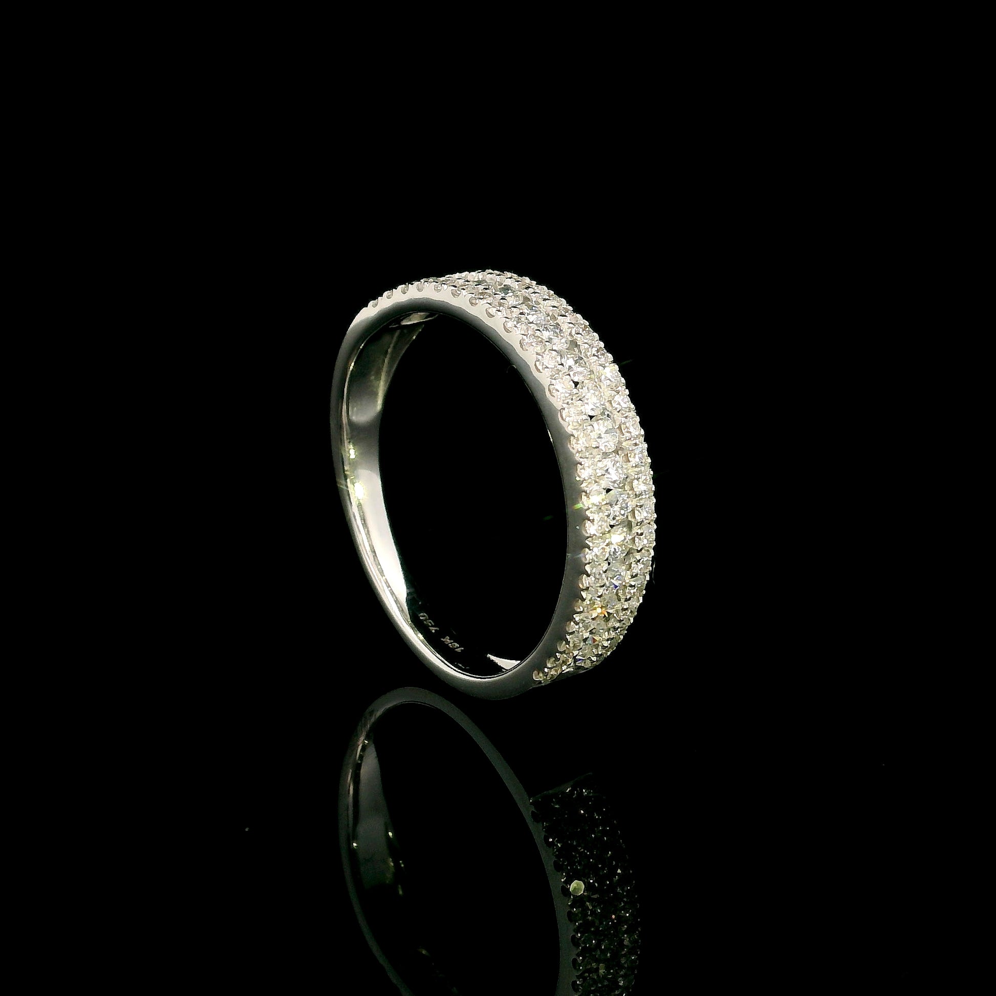 Multi row natural diamond band ring in 18K white gold with round brilliant diamonds and pavé detailing