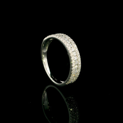 Multi row natural diamond band ring in 18K white gold with round brilliant diamonds and pavé detailing