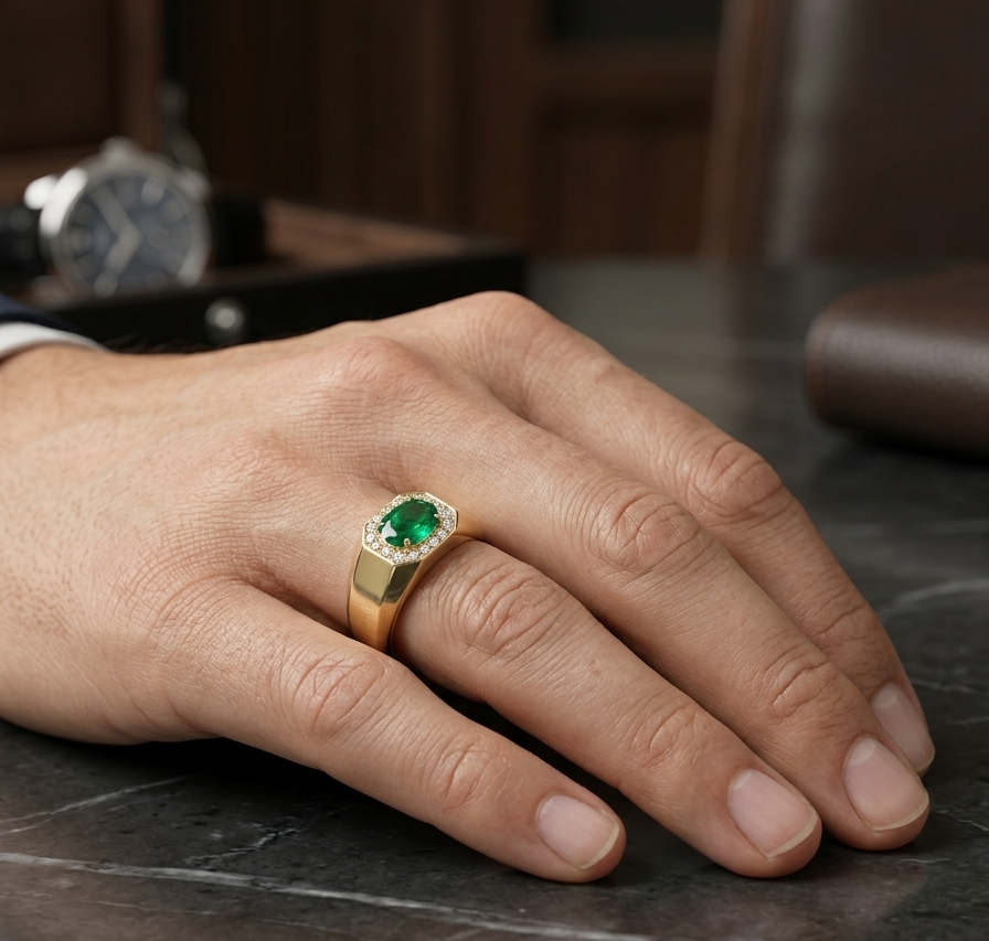 18K yellow gold men's signet ring featuring a 1.15 carat natural oval emerald surrounded by a halo of natural diamonds with a bold polished gold band.