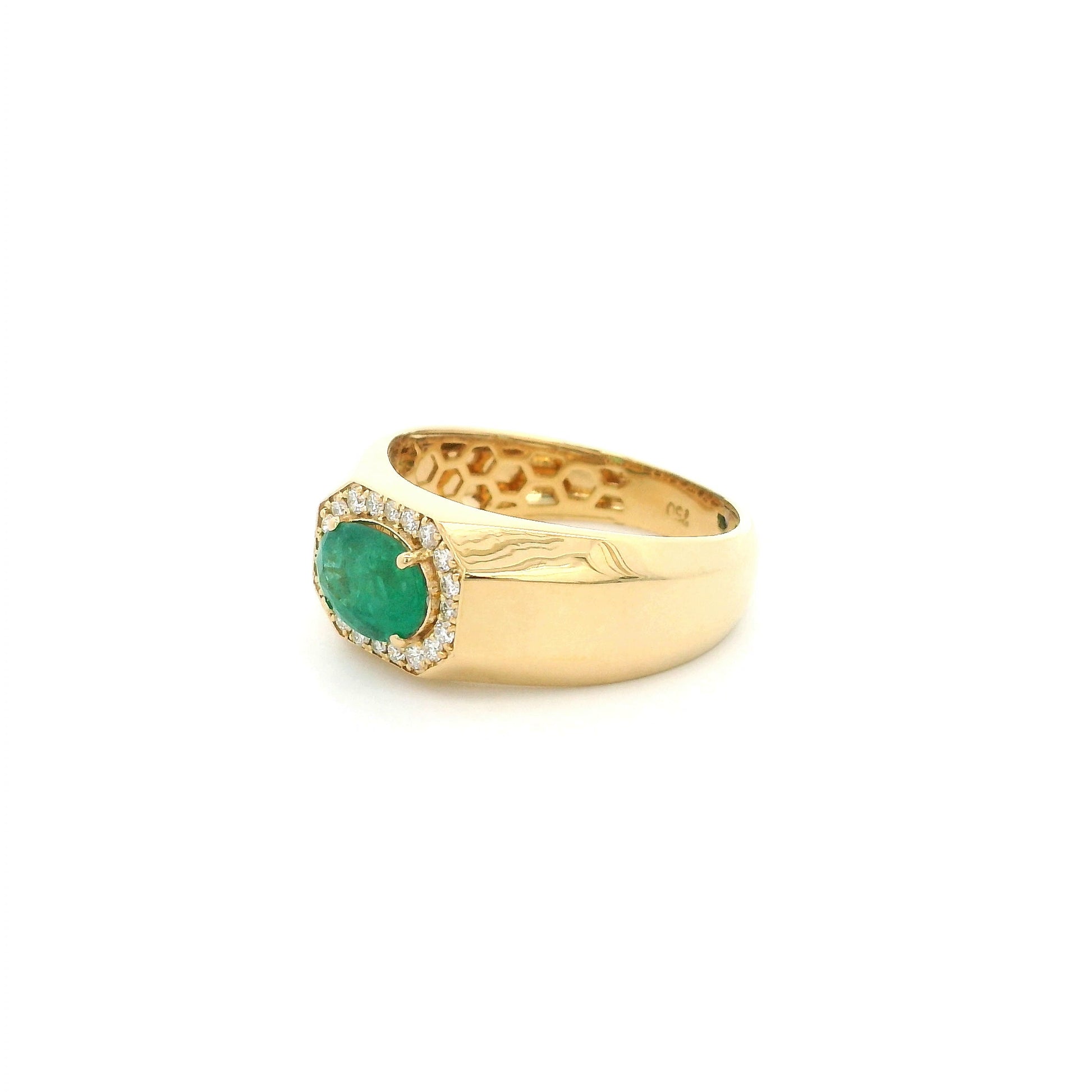 18K yellow gold men's signet ring featuring a 1.15 carat natural oval emerald surrounded by a halo of natural diamonds with a bold polished gold band.